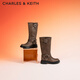 CHARLES&KEITH復古皮帶扣中筒騎士西部靴女CK1-90360391 Dark Brown深棕色 36