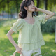 歌班婭小清新夏裝泡泡短袖襯衫女夏小個(gè)子設(shè)計(jì)感小眾法式別致娃娃衫上衣 綠黃色 S建議7590斤