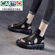 卡帝樂(lè )鱷魚(yú)（CARTELO）輕奢2025年涼鞋女夏季松糕厚底中跟露趾羅馬鞋高幫魔術(shù)貼真皮鞋子 黑色 38