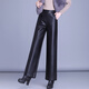 真皮皮褲女綿羊皮加絨女士皮褲保暖海寧女加厚皮長(cháng)褲秋冬新款高腰寬松闊腿褲直筒褲 黑色1918單皮松緊腰 XL