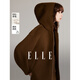 ELLE【100%綿羊毛】咖色拼接雙面呢大衣女2024冬新款連帽毛呢外套 咖色 L