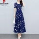 皮爾卡丹（pierre cardin）雪紡連衣裙長(cháng)裙女夏季2026新款中年媽m氣質(zhì)優(yōu)雅洋氣夏裝V領(lǐng)舒適裙 藏藍色 5XL