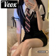 VEOX韓系學院風連衣裙可鹽可甜假兩泡泡袖 裙子女新款夏季潮 黑色_圖片色 S _建議75-95斤