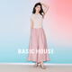 百家好（Basic House）Basic House/百家好夏萊賽爾甜美套裝褶皺針織短袖闊腿裙褲兩件套 粉色 L