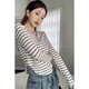 吉閑 純欲風(fēng)新款v領(lǐng)條紋長(cháng)袖T恤女2023秋冬辣妹短款修身設計感上衣服 杏藍條紋 均碼