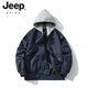 JEEP SPIRIT美式飛行員夾克外套男冬季加棉加厚棒球服春秋季休閑薄款飛行棉服 藏青色 帶帽 春秋單夾克 薄款 M 100~115斤