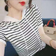 歐洛黛短袖t恤女夏季新款韓版顯瘦連帽冰絲針織小衫短袖百搭條紋女上衣 白條紋 2XL  建議120-130斤