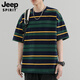JEEP SPIRIT吉普純棉短袖t恤男士夏季薄款潮牌半袖百搭橫條紋寬松男生上衣服 3316深寶蘭 2XL【150-190】