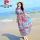 皮爾卡丹（pierre cardin）波西米亞大碼大擺夏雪紡顯瘦海邊度假沙灘裙中袖連衣裙寬松長(cháng)裙女 圖色 2XL