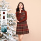 香影新年穿搭紅色連衣裙套裝2026春季新款英倫格子裙毛衣兩件套女 紅色 S