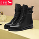 紅蜻蜓女鞋頭層牛皮女靴英倫風(fēng)系帶馬丁靴 黑色內增高款 34