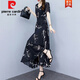 皮爾卡丹（pierre cardin）雪紡連衣裙子女裝夏季2025年新款碎花氣質(zhì)媽i媽顯瘦短袖a字中長裙 黑色 5XL 163-175斤