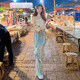 RANAD KEE 氣質(zhì)輕奢潮牌慵懶風(fēng)冰絲扎染百褶褲子女韓版夏季薄款垂墜感拖地 藍(lán)色 S