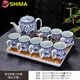 時(shí)馬江西景德鎮中式青花瓷茶具套裝家用陶瓷輕奢簡(jiǎn)約茶杯大號茶壺 青花把壺1壺8杯+密胺白盤(pán)
