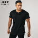 JEEP SPIRIT肌肉男健身圓領(lǐng)扣子短袖t恤棉質(zhì)修身款硬漢亨利衫運動(dòng)上衣純色t夏 黑色 L