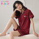 歌佰芬本命年大紅色新婚萊卡棉家居服夏季套裝女士短袖短褲開(kāi)衫休閑睡衣 JX7353女 酒紅色萊卡棉 2XL (140-160斤)
