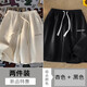意森頓華夫格重磅短褲男士夏季薄款美式寬松休閑運動褲子潮牌五分中褲 兩件裝(杏色+黑色） 2XL （建議155-165斤）