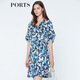 PORTS寶姿  新品女裝中袖中V領(lǐng)中袖印花連衣裙LN8D085HPT020 天蝕藍(lán)印花 XS (2)