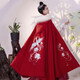 佰惠子 漢服斗篷女冬季長(cháng)款刺繡加絨加厚保暖披風(fēng)外套 紅色款 均碼