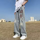 凰梡美式hiphop破洞牛仔褲男秋冬潮牌痞帥vibe風(fēng)高街寬松直筒褲子 藍色 XL