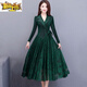初徑大I碼女裝褶皺連衣裙春秋2024新款系帶中長(cháng)款絲絨拼接蕾絲大擺裙 綠色 XL 【建議111-120斤左右】