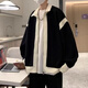 POUM男裝港風(fēng)痞帥夾克男衣服春秋季oversize潮牌開衫休閑針織上衣外套 HMFS-W01黑色 XL 【建議120-140斤】