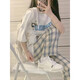 MZPLOI鹽系運(yùn)動套裝女夏裝韓版寬松短袖長褲學(xué)生少女休閑洋氣時尚兩件套 白色T恤+格子褲(兩件套) L (建議105-120斤)