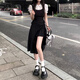 鏡莎學(xué)院風(fēng)連衣裙夏天女2024年夏季新款法式氣質(zhì)不規則收腰顯瘦中長(cháng)裙 上衣+背帶裙 均碼（可備注碼數）