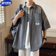 唐號日系短袖襯衫男夏季冰絲襯衣男生上衣服潮牌潮流夏天休閑工裝外套 深灰色 L
