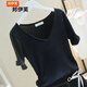 邦伊芙短袖T恤女2023新款冰絲針織衫韓版修身V領(lǐng)打底女純色ins潮夏季薄 黑色 M_建議95-105斤