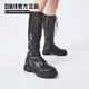 Semir官方正品時(shí)裝靴女靴春秋季新款潮流休閑高幫系帶機車(chē)靴長(cháng)筒靴女 黑色 38