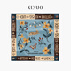 XINUOSICHOU漫游指南 原創(chuàng  )法式復古桑蠶真絲絲巾百搭小方巾 防曬春夏女 藍咖 雙面印