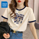 真維斯（JEANSWEST）t恤女夏季裝新款純棉短袖上衣服女裝寬松撞色休閑慵懶風(fēng)正肩半袖 米藏青 兔子三連拍 XL