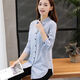 御仕達棉麻條紋襯衫女立領(lǐng)中長(cháng)款寬松夏新款韓版a字中袖娃娃衫上 藍色 M [建議105-115斤】