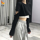 咚憬蹦迪衣服兩長(cháng)袖T恤女春秋jazz爵士舞服裝學(xué)生跳舞短款露臍上衣ins 黑色 【版 兩件裝】 均碼