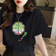 索凱特純棉T恤女夏季新款古風(fēng)國潮上衣打底衫閨蜜糖果體恤學(xué)生寬松短袖 黑色 古風(fēng)扇子 XL 適合130-140斤