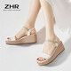 ZHR坡跟涼鞋女法式水鉆牛皮厚底一字帶撞色女鞋簡(jiǎn)約時(shí)尚增高顯瘦夏季 米綠色 36