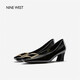 NINE WEST/玖熙牛漆皮革女單鞋優(yōu)雅方頭淺口粗跟通勤鞋NH208005FT黑色 36