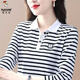 啄木鳥(niǎo)品牌女裝2024春季新款棉翻領(lǐng)長(cháng)袖t恤女黑白條紋時(shí)尚百搭上衣 白黑條紋 XL 建議115-130斤