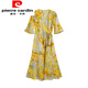 皮爾卡丹（pierre cardin）法式印花一片式連衣裙女純欲性感裹身小媽網(wǎng)紅黃色戰(zhàn)袍碎花長裙子 高級感金黃色 S