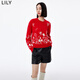 LILY春新款女裝綿羊毛都市休閑時(shí)尚百搭針織衫套頭毛衣女上衣 103大紅 M