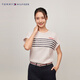 Tommy Hilfiger夏季女裝休閑通勤純棉條紋刺繡字母寬松短袖上衣T恤 淺卡其色03M L