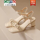 卡帝樂鱷魚（CARTELO）真皮高跟涼鞋女2025夏季新款仙女風配裙子粗跟一字帶涼鞋子 米白色5厘米（ 標準尺碼） 38