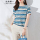 衣典零一（LEDIALYI）2025夏季女裝新款寬松洋氣真絲襯衫女桑蠶絲條紋襯衣短袖t恤上衣 藍(lán)條【390】 XL