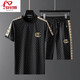 安初夏歐洲站高端輕奢刺繡短袖t恤男夏季新款休閑運動(dòng)衣服男裝兩件套 黑色短款套裝 XL