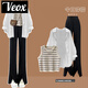 VEOX秋季套裝女2025新款大碼流行女裝襯衫闊腿褲顯瘦三件套裝潮 杏色背心+白色襯衫+黑色褲 2XL _[建議140-160斤]