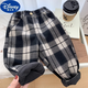 迪士尼（Disney）男童一體絨褲子冬季新款韓版洋氣格子褲兒童裝休閑褲小童加絨長(cháng)褲 黑杏色一體絨 【全棉面料】 130 【全棉面料】