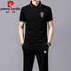 皮爾卡丹（pierre cardin）品牌男裝短袖T恤套裝歐貨刺繡純棉T恤衫長(cháng)褲運動(dòng)休閑兩件套 536黑色套裝 180碼