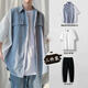 項后夏季襯衫男薄款一套潮流百搭短袖港風(fēng)三件套搭配學(xué)生寸杉 集優(yōu)C204 藍+白T+褲黑 三件套 L
