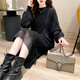 泊宗 秋冬連衣裙女2025新款女裝韓系中長(cháng)款寬松針織打底裙洋氣毛衣裙 黑色 均碼